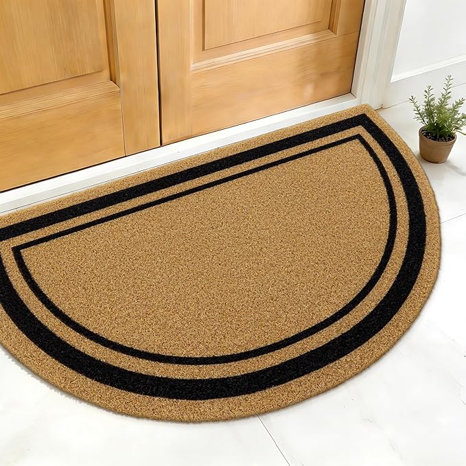 OLANLY Half Circle Front Door Mat, Low Profile Doormat, Stain and Fade Resistant, Easy to Clean, for Indoor and Outdoor Entrances, Patio Porch or Entryway, Brown (30x17 Inch, Classic Border)