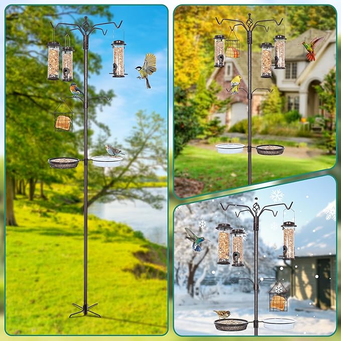 YINGYM Bird Feeding Station Kit, 94 Inch Bird Feeder Pole Stand for Outdoors Hanging with 4 Feeders, Metal Suet and Bath Tray for Wild Birds Watching