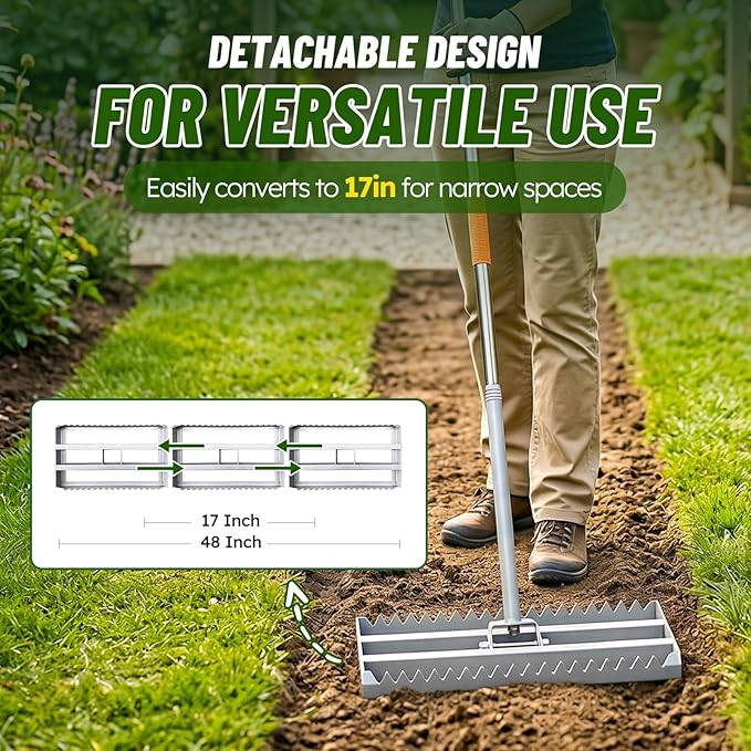 Lawn Leveling Rake, 2-in-1 Double-Sided Landscape Leveler with 20 Marking Flags for Low Spot, 48"×10” Heavy Duty Stainless Steel Flat & Serrated Side for Soil Sand Gravel, Yard Garden Golf Course