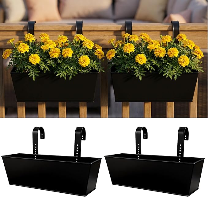 LaLaGreen Rail Planters (16 Inch, 2 Pack) Black Metal Rectangle Plants Boxes Hanging Flower Pots Patio Decor Apartment Balcony Outdoor Planter Deck Railing Fence Rail Decorations Garden Baskets Pot