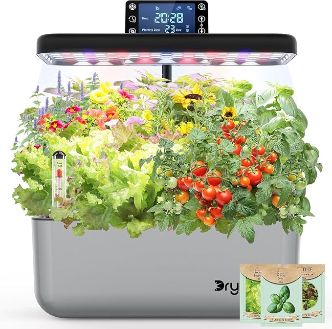 12 Pod Hydroponic Indoor Garden System with Full Spectrum LED Grow Light, Countertop Herb Growing Kit with Seed Starter, Soil-Free Planter for Kitchen, 13.8 x 13.8 x 7.9 Inches, Silver