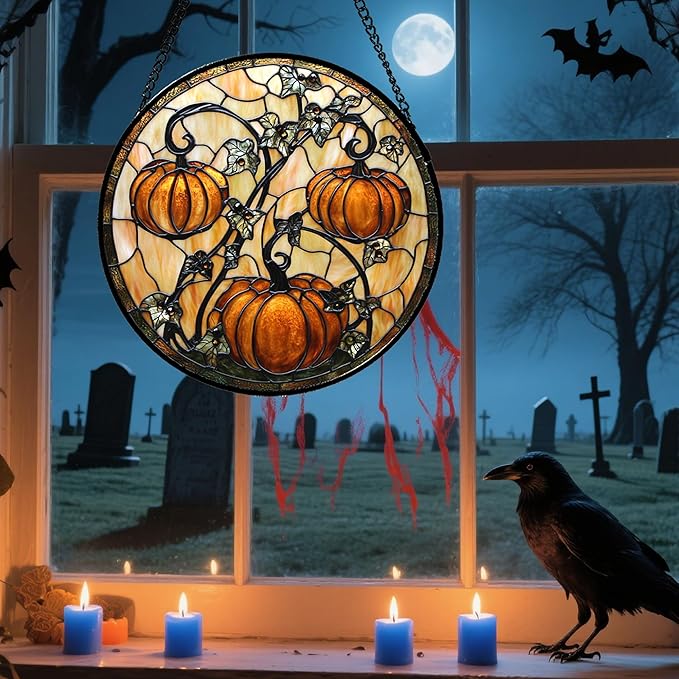 DASTOLL Stained Glass Window Hanging - Halloween Decoration Orange Pumpkin Vine Leaves Suncatcher for Door Garden Spooky Sun Catchers Gothic Decor Horror Gifts for Women Men Friend Boy Girl 9.8 in