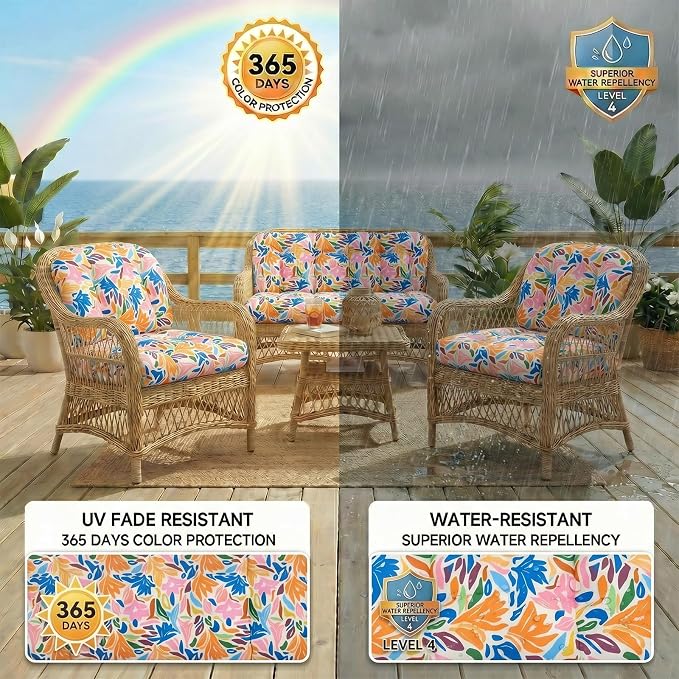 1 MIDDLE ONE Wicker Chair Cushions 3 Pieces Set for Outdoor Furniture, Replacement Patio Wicker Furniture Cushions, 1Pc Loveseat Cushion & 2Pcs Chair Cushions (Colorful Leaves)
