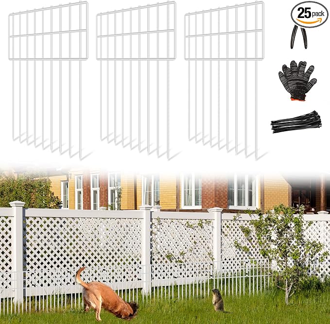 25 Panels Garden Fencing Animal Barrier, 17in (H) X 27ft (L) Dog Dig Fence Barrier, 1.25in Gap Rustproof Metal Stakes Decorative Garden Fence, Ground Defense Border for Outdoor, Yard, Patio, White