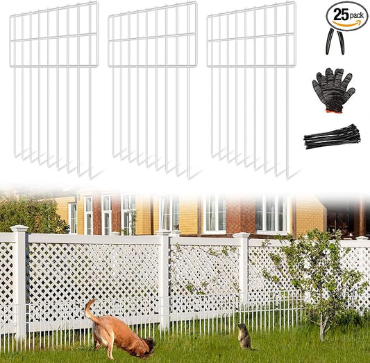25 Panels Garden Fencing Animal Barrier, 17in (H) X 27ft (L) Dog Dig Fence Barrier, 1.25in Gap Rustproof Metal Stakes Decorative Garden Fence, Ground Defense Border for Outdoor, Yard, Patio, White