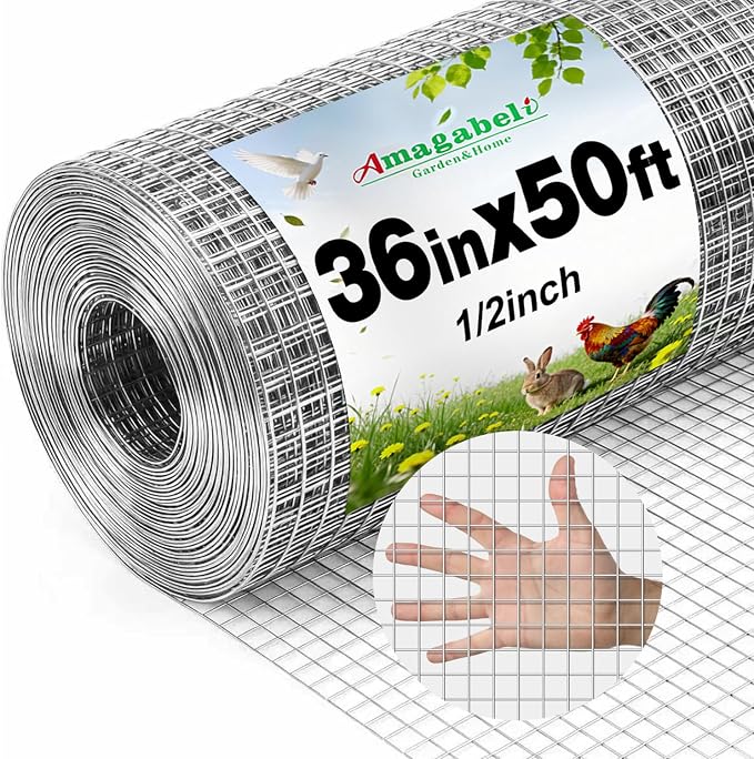 Amagabeli Hardware Cloth 1/2 inch 36inx50ft 19 Gauge Chicken Wire Fence Hot-Dipped Galvanized After Welding Wire Mesh Roll for Vegetable Garden Fencing Plant Supports Poultry Netting Cage Snake Gopher