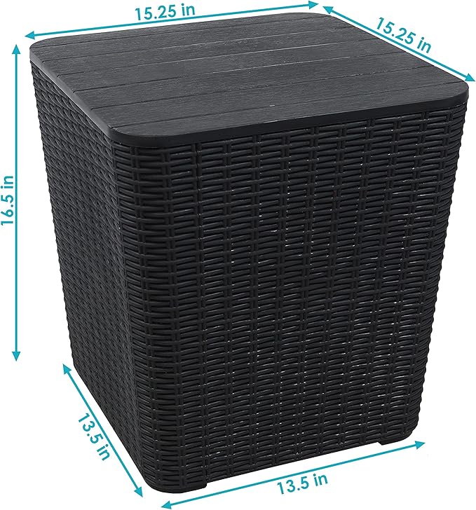 Sunnydaze 11.5-Gallon Outdoor Deck Box - Weather-Resistant Side Table with Storage for Cushions, Garden Tools, Pool Supplies - Phantom Gray - Faux Rattan