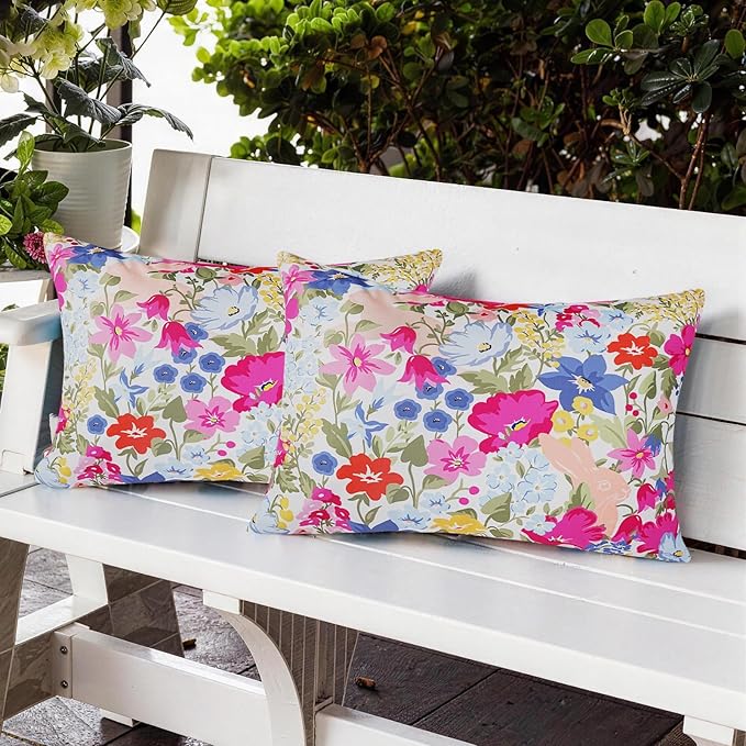 Adabana Spring Outdoor Waterproof Floral Pillow Covers Set of 2 Square Colorful Couch Cushion Cases 20x12 Inch Waterproof Decorative Pillows for Patio Garden Beach,Pink