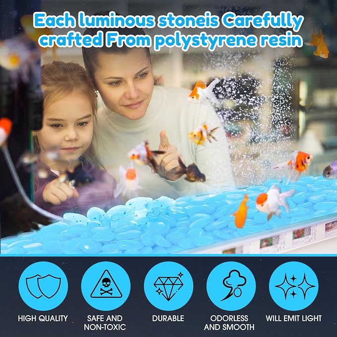 Landical 100 Pcs 1.8 Inch Large Glow in The Dark Rocks Pebbles Outdoor Fish Tank Rocks Aquarium Gravel Luminous Stones for Walkway Succulent Plant Halloween Decor (Blue)