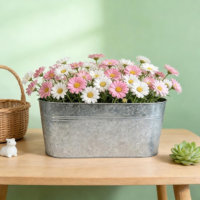 Balcony Galvanized Hanging Planters Railing Flower Pots, Outdoor Metal Fence Planter Pot with Detachable Hooks Drain Hole for Garden Patio Yard Decor (17 Inch, 8Pcs)