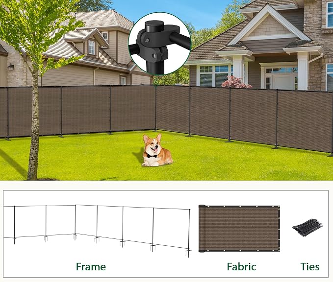 5'Hx60'W Outdoor Freestanding Privacy Screen Fence Panels with Iron Poles, Mesh Shade Net Cover Temporary Fencing for Patio Backyard Garden Deck, Brown