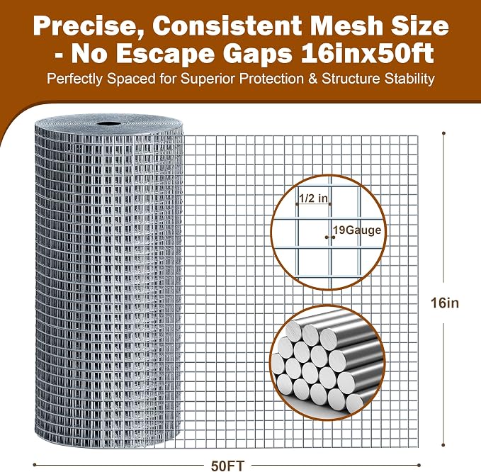 Chicken Wire Fencing Hardware Cloth 1/2 inch 19 Gauge Rust-Resistant Mesh Roll with Snips/Gloves for Chicken Coop/Vegetable/Garden/Plants/Poultry Enclosures/Tree/Gutter Guards 16 inch x 50 ft