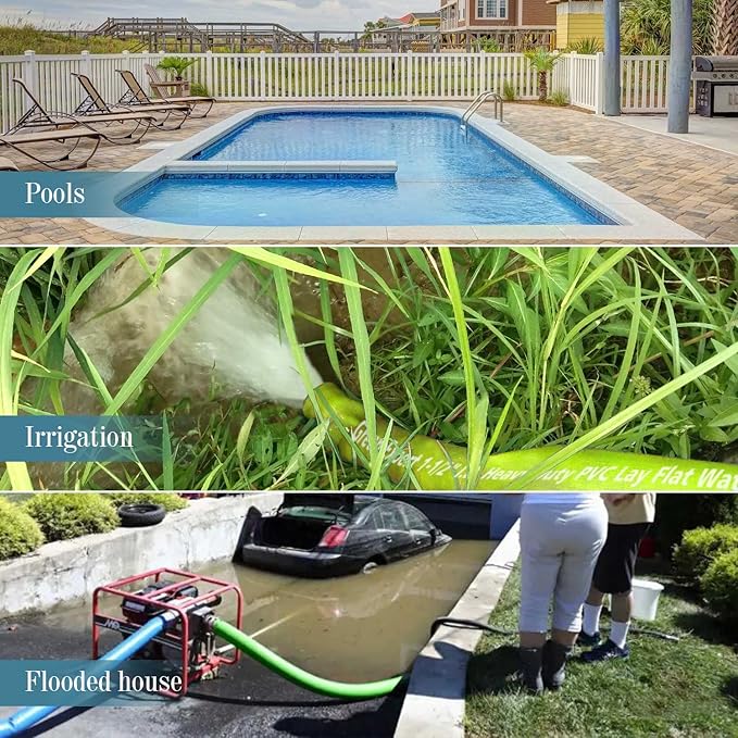 Green Expert 1-1/2" ID PVC Lay-Flat Discharge Hose, Sump Pump Accessory, 100FT Heavy-Duty Pool Backwash & Water Transfer Hose, Steel Clamp Kit Included