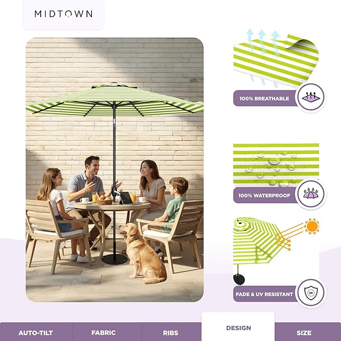 Midtown Umbrellas - 10-Year-No-Fade 9 Ft Patio Umbrella with Terylast Fabric, Auto-Tilt Aluminum Frame and 8 Reinforced Ribs for Deck, Pool, Garden & Beach - Green/White Stripes Canopy, Black Pole