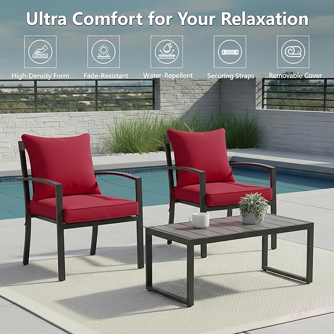 24x24 Inch Outdoor Chair Cushions Set of 2, Patio Furniture Cushions - Removable Cover, Water-Repellent, Fade-Resistant, Non-Slip Bottom & Straps, Replacement for Deep Seat Sofa & Couch - Burgundy