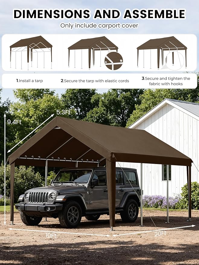 10 x 20 Ft Carport Replacement Cover, Heavy Duty Outdoor Car Tarp Canopy, Waterproof & UV Protected Tear Oxford Tarp with Ball Bungees (Frame is Not Included)