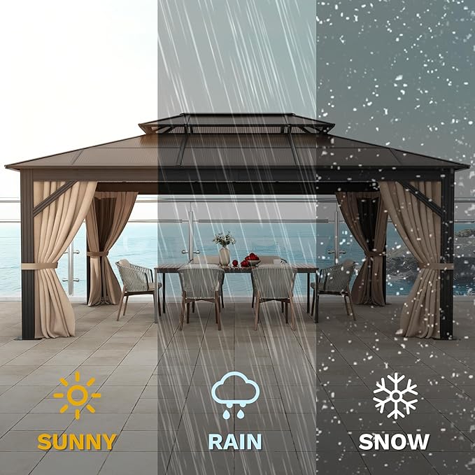 DWVO 12x16ft Gazebo Hardtop Double Roof Polycarbonate Canopy Outdoor with Netting and Shaded Curtains, Metal Frame Garden Tent for Patio, Backyard, Deck and Lawns, Brown