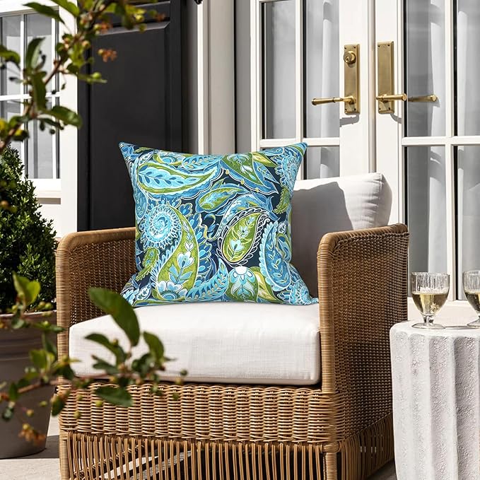 LVTXIII 2 Pack Outdoor Pillow Covers ONLY 18x18 Inch, Water-Repellent Square Decorative Cushion Covers for Patio Furniture, Garden, Sofa, Paisley Lapis Green