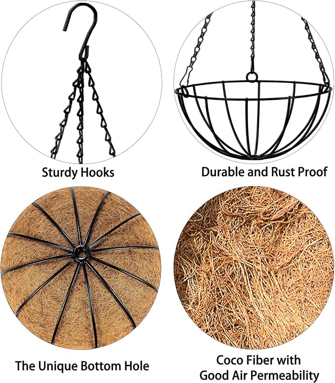 Kingbuy 10 Inch Hanging Planter Basket with Coconut Liner Wire Plant Holder Chain Flower Baskets Pot Hanger Home Garden Decoration for Indoor Outdoor, 2 Pack