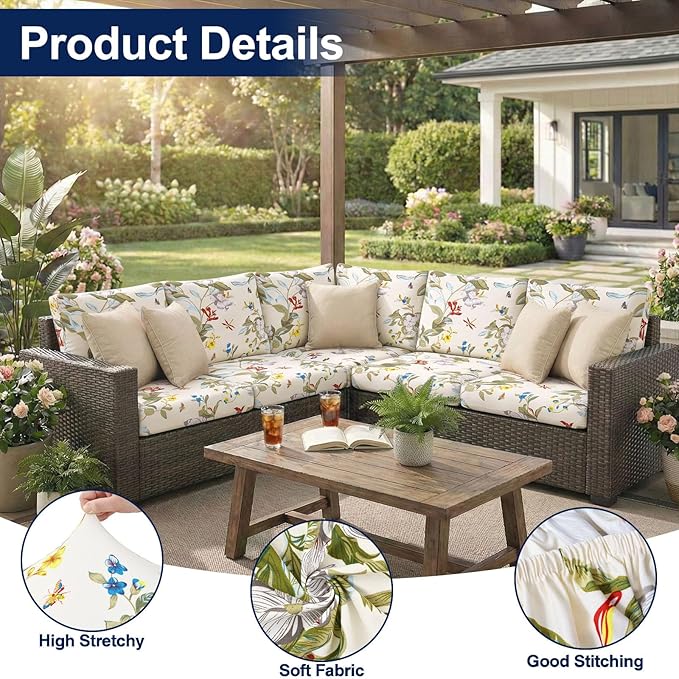 Smiry Waterproof Patio Cushion Covers, Stretch Outdoor Couch Slipcovers Replacement Washable Furniture Protector Sofa Chair Seat Cover for Dogs and Pets (12 Pcs, Beige and Green)