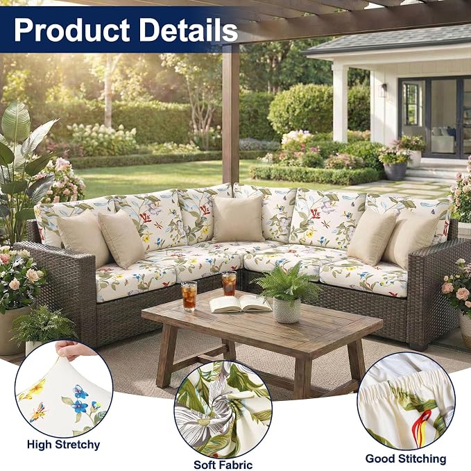 Smiry Waterproof Patio Cushion Covers, Stretch Outdoor Couch Slipcovers Replacement Washable Furniture Protector Sofa Chair Seat Cover for Dogs and Pets (4 Pcs, Beige and Green)