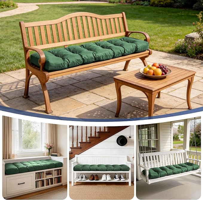 IASEAHK Outdoor Bench Cushion 59x18x5 Inch, Waterproof & Fade-Resistant Patio Furniture Cushions, Tufted Memory Foam Indoor/Outdoor Cushions for Couch Swing with Non-Slip Backing&Straps, Forest Green