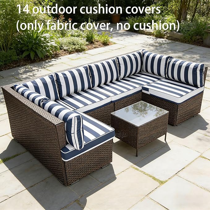 Outdoor Cushion Covers for Patio Furniture, Patio Cushion Covers Replacement with Zipper, Waterproof & Fade Resistant,Only Cover (Blue and White Stripes, 25.6Lx25.6Wx4H - Only Covers)