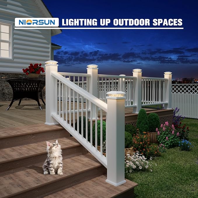 NIORSUN Solar Post Lights Outdoor, Fence Post Solar Lights Warm White, Waterproof, Garden Patio Fence Deck Decor, 4x4 Posts Cap Wood Vinyl, 5x5 Vinyl, White 8 Pack