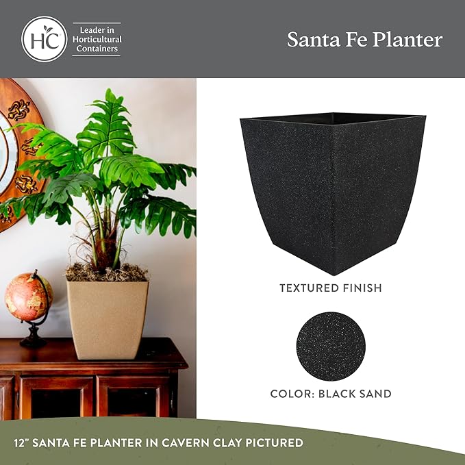 The HC Companies Santa Fe Square Self-Watering Pot - Lightweight Plastic Planter for Herbs & More - Durable Plant Pots for Indoor Plants & Outdoor Plants (12" Black Sand, Pack 2)