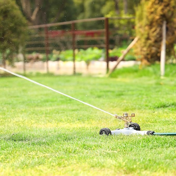 RESTMO Heavy Duty Full Metal Pulsating Sprinkler with Wheeled Base, 360° Rotating Impact Sprinkler for Large Area Lawn & Yard Irrigation, Adjustable Zinc Alloy Head for Flexible Coverage