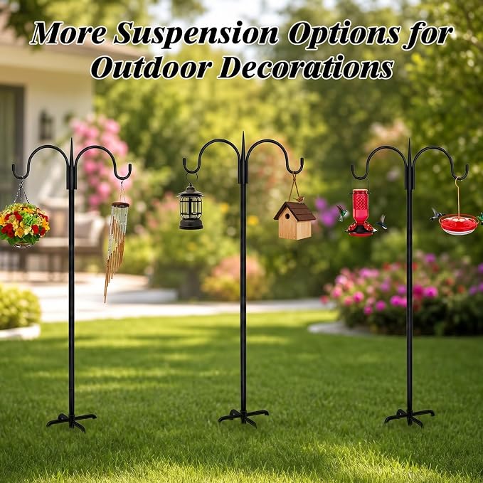 FEED GARDEN Adjustable Double Shepherds Hook for Outdoor with 5 Prong Base 92 Inch Heavy Duty Two Sided Bird Feeder Pole for Hanging Plant Baskets, Solar Light Lanterns, Wind Chimes 2 Pack