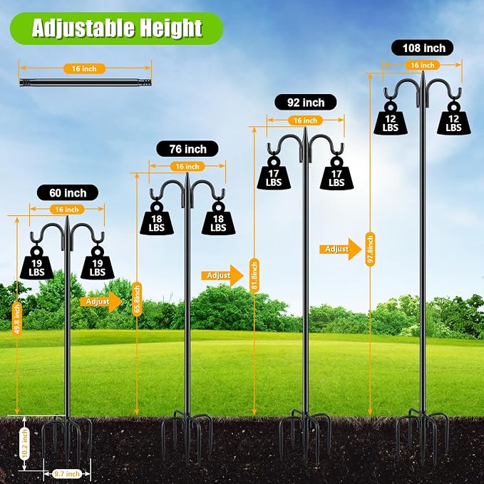 Gtongoko Bird Feeder Pole for Outdoors Heavy Duty, 108 Inch Double Shepherds Hook with 5-Prong Stable Base, 3/4 Inch Thick Hummingbird Feeder Stand for Hanging Plants, Lanterns, 1 Pack