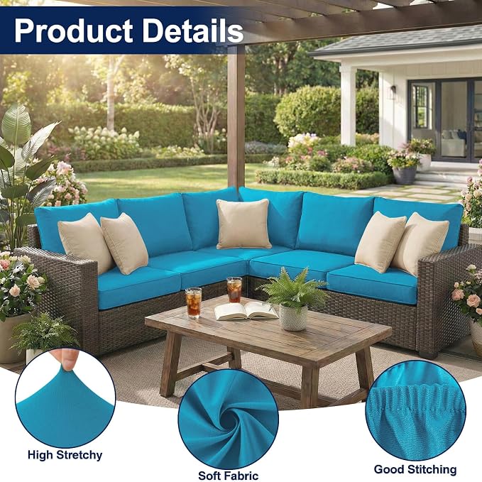 Smiry Waterproof Patio Cushion Covers, Stretch Outdoor Couch Slipcovers Replacement Washable Furniture Protector Sofa Chair Seat Cover for Dogs and Pets (14 Pcs, Teal)