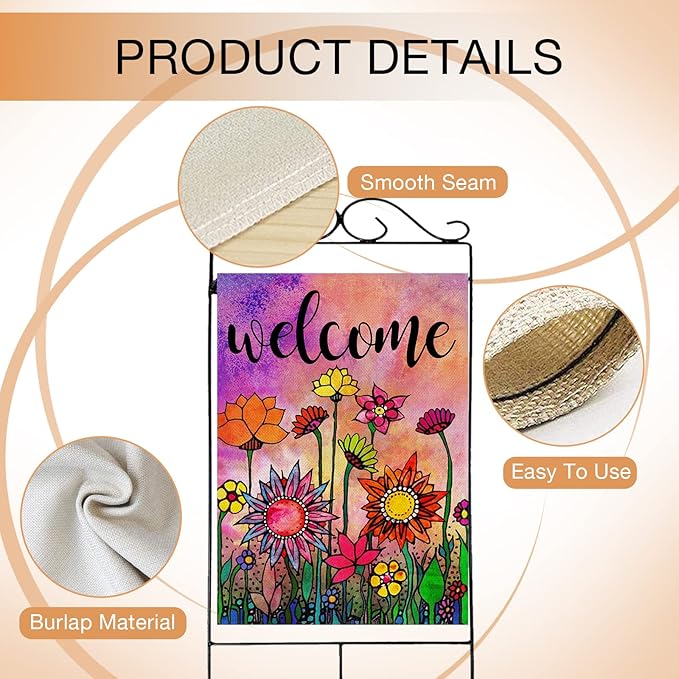 Hzppyz Welcome Spring Summer Watercolor House Flag Double Sided, Flowers Decorative Garden Yard Lawn Outdoor Large Burlap Flag Vintage Sunflower Decor Farmhouse Seasonal Outside Decorations 28 x 40