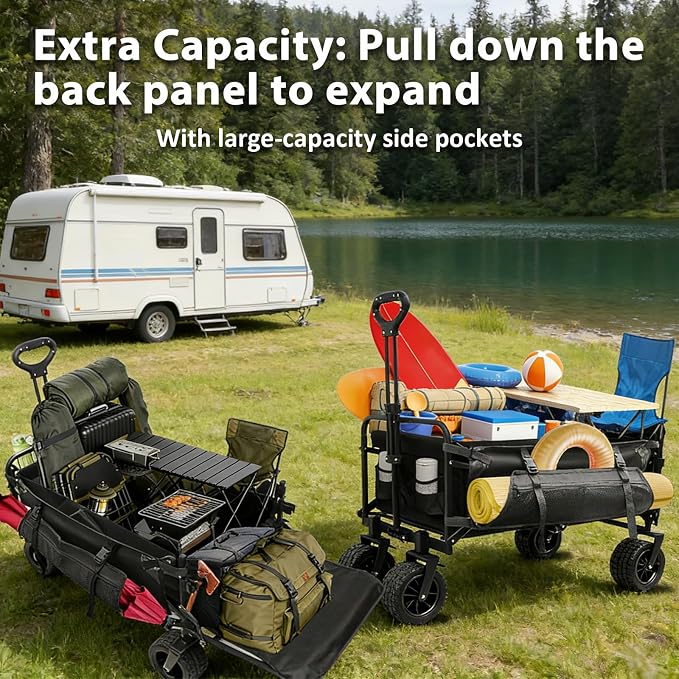 440 LBS Wagons Carts Foldable, Folding Collapsible Wagon Cart with Big All-Terrain Wheels & Cup Holders, Utility Graden Carts for Camping, Beach, Garden and Shopping