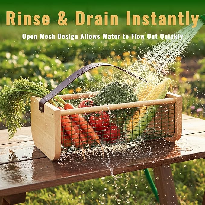 Garden Hod Harvest Basket, 16 x 10 x 7in Gardening Harvest Baskets with Leather Handle, Solid Wood with PVC Wire Mesh, Garden Baskets for Gathering Vegetables