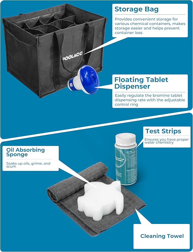 Poolacc Bromine Hot Tub Starter Kit: Includes Extra-Capacity Chemicals, 50 Test Strips, Dispenser & Accessories | All-in-One Spa Maintenance Set