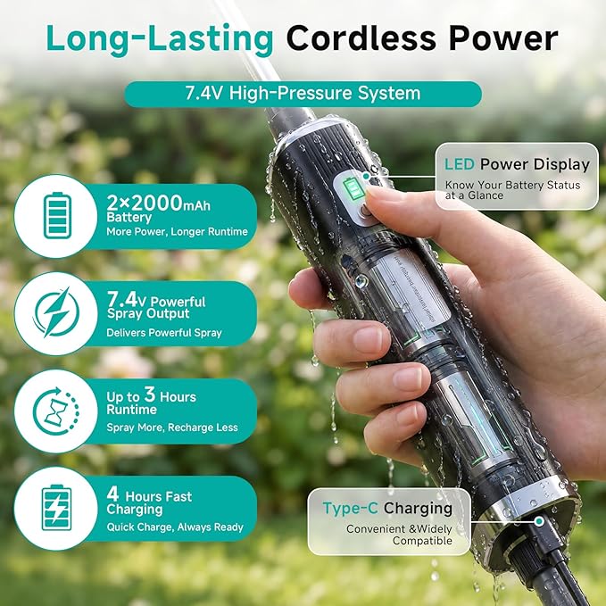 Battery Powered Garden Sprayer 2 Gallon, 7.4V High Pressure Rechargeable Weed Sprayer with 3 Pressure Mode, 5 Spray Nozzles, Telescopic Wand, Battery Indicator, Adjustable Strap for Lawn Garden, Green