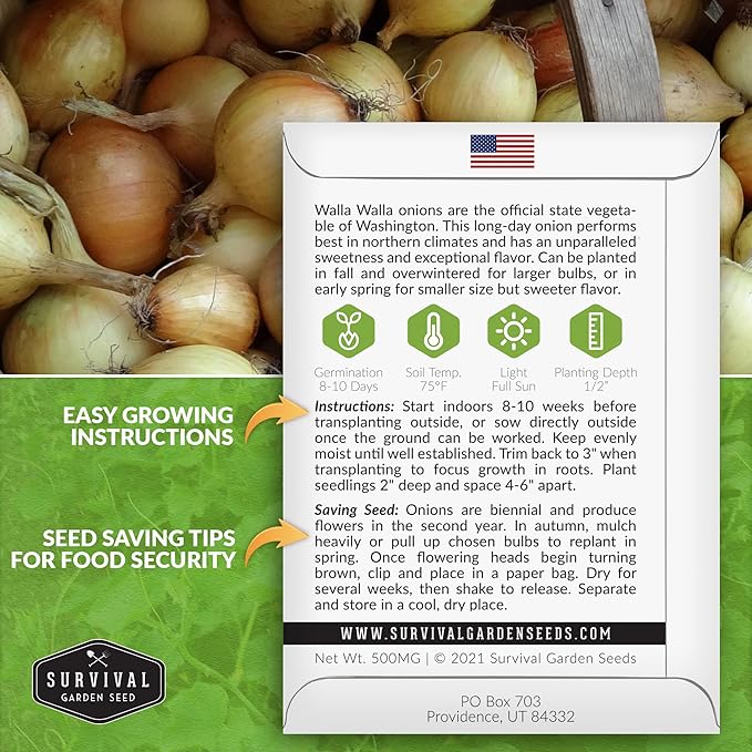 Walla Walla Sweet Onion Seeds for Planting – Long Day Yellow Sweet Onions with Mild Flavor, Large Bulbs & High Yields – Heirloom, Non-GMO, Open-Pollinated – Survival Garden Seeds (2 Packs)