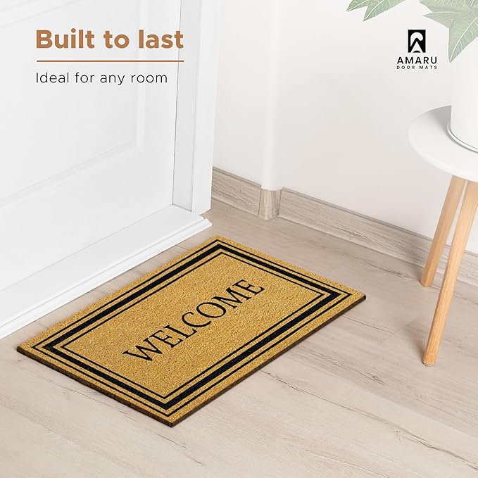 Stylish Welcome - 17"x29" - Coir Door Mat with Heavy Duty Backing - Welcome Mats for Entryway, Porch - Anti-Slip PVC & Coconut Fiber Surface - Natural Home Accessories, Minimalist Original Design