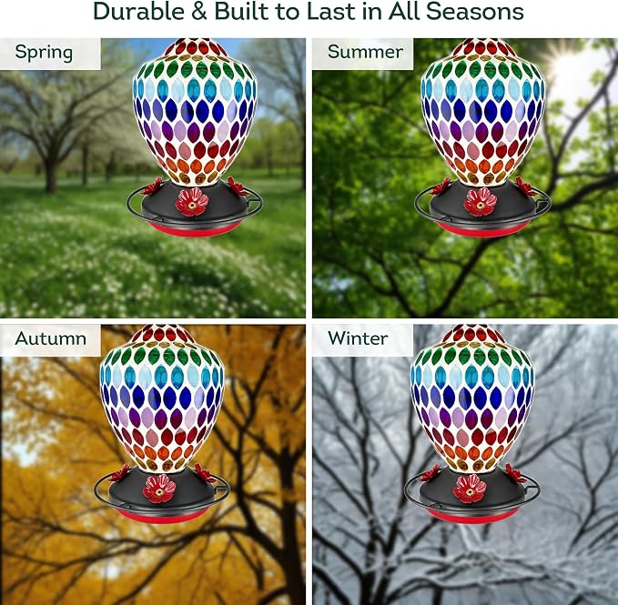 Lily's Home Mosaic Glass Hummingbird Feeder 35oz - Colorful Garden Décor - Easy Refill Wide-Mouth - Includes S Hook & Brush for Bird Lovers - Measures 5.9’’x5.9’’x8.3’’