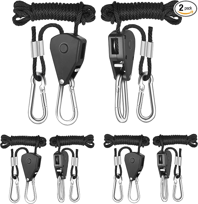 YSSOA 2 Pairs 1/8 inch Grow Light Hangers Adjustable Heavy Duty Rope Hanger for Grow Light Fixtures & Garden, 8 Feet Long & 150lbs Weight Capacity Black