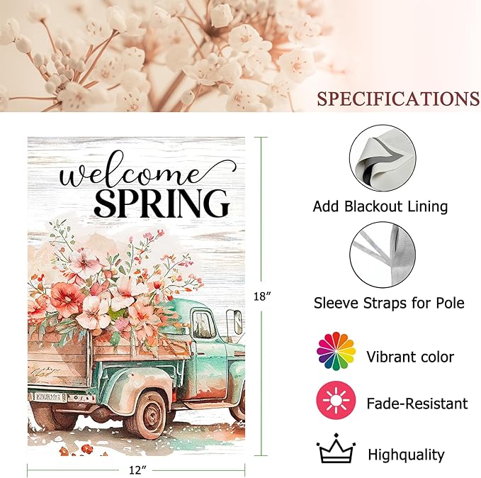 Spring Garden Flags 12"x18" Double Sided Welcome Spring Floral Truck, Burlap Spring Yard Flag for Outdoor Garden Porch Decor