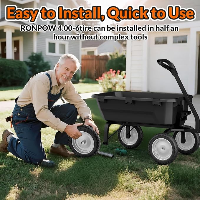 RONPOW 4.00-6 Flat Free Tire and Wheel, 13 Inch Solid Garden Wheelbarrow Tires, 300Lbs with 5/8" & 3/4" Axle Hole, 1"-3.5" Hub for Garden Cart, Wheelbarrow, Hand Truck, for Home Farm, 2Pcs Gray