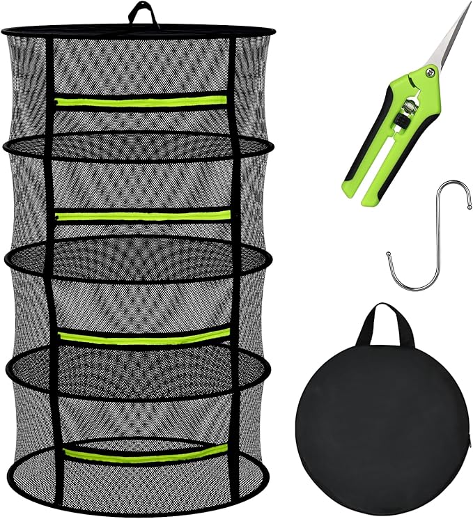 MEKOLIFE Herb Drying Rack Hanging-4 Layer, Plant Drying Rack, Bud Drying Net,Foldable Hanging Dry Rack Net with Green Zipper, Garden Shears & Hooks, for Herbs, Seeds Indoor/Outdoor (23.62")