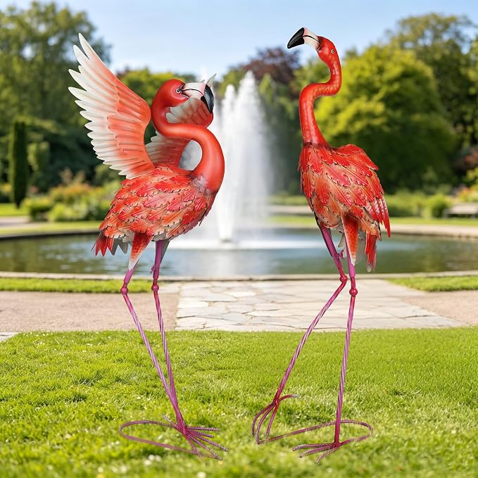 Garden Statues Large Metal Flamingo Sculptures, Set of 2 Red | Outdoor Metal Statue Yard Art for Garden Decor, Realistic Birds Art, Standing Lifelike, Water&Rust-Proof