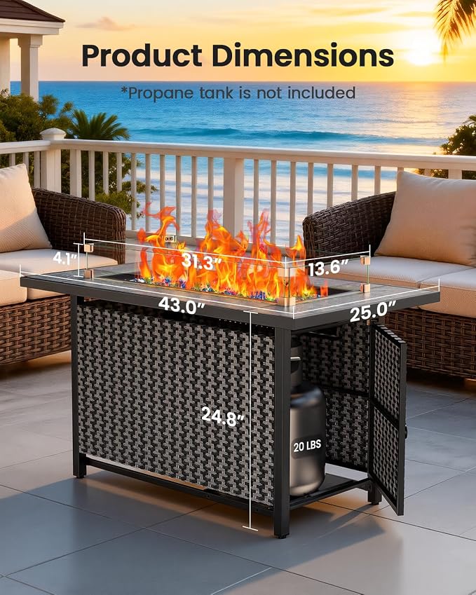 Ciays 43″ Fire Pit Table, Outdoor Propane Fire Pit Table with Premium Ceramic Tabletop, Glass Wind Guard, Lid, Glass Rock, 50,000 BTU CSA-Certified Gas Fire Pits for Outside Patio, Party, Deck