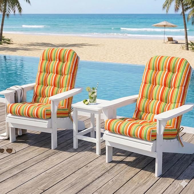 COOS BAY High Back Adirondack Chair Cushions for Outdoor Furniture, 49x20x5 in Water-Resistant Thick Tufted Patio Chair Cushions with Secure Straps, Set of 2, Rainbow