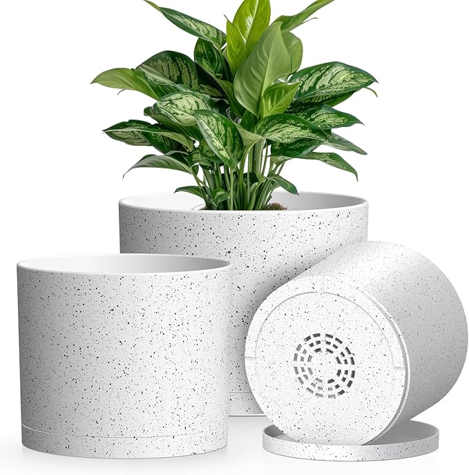 Plant Pots, 10/9/8 Inch 3 Pack Cylindrical Flower Pots with Drainage Holes and Saucers, Plastic Planters for Outdoor Indoor Plants,White with Black Speckles
