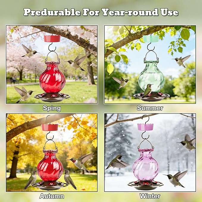 Hummingbird Feeder, Auslar 26 Ounces Glass Hummingbird Feeders for Outdoors Hanging Ant and Bee Proof, Ant Moat & 5 Flower Feeding Ports, Rustproof, Leakproof, Netted Flower Bud Shape Bottle, Red